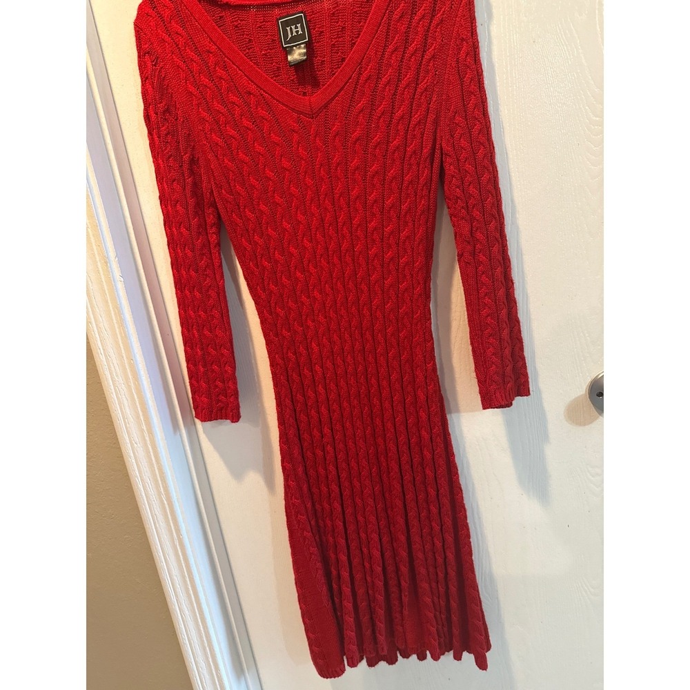 JH Red Cable Knit Sweater Dress V-Neck Long Sleeve Fit and Flare Midi Medium